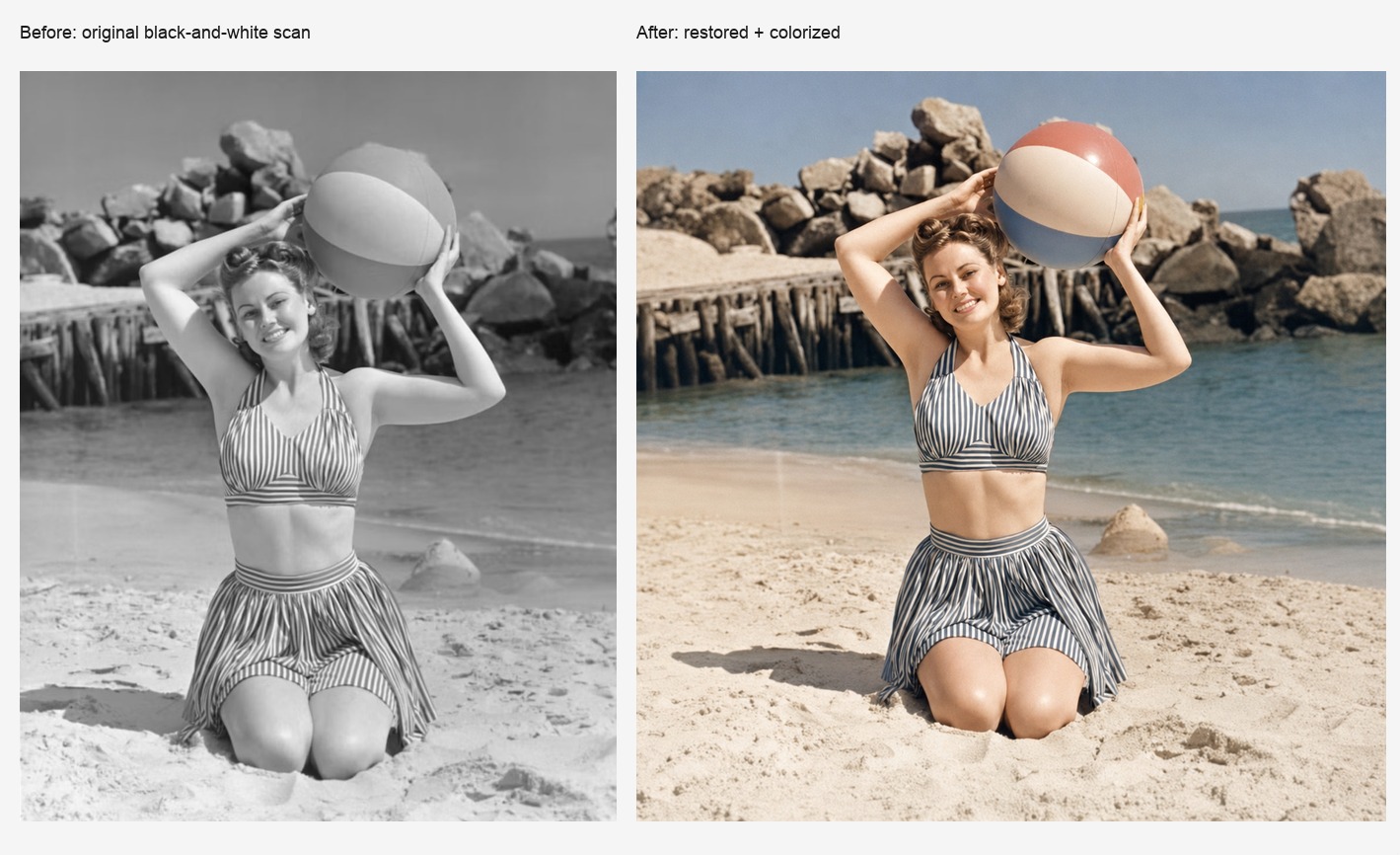 Beach portrait before and after old photo restoration and colorization example